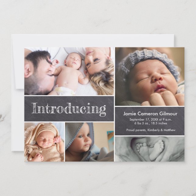 Chalkboard Simple Introducing Baby Multiple Photos Announcement (Front)