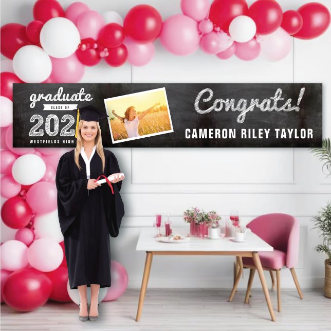 Chalkboard Sketch Class Of 2025 Photo Grad Party Banner (2024 Black Chalkboard & White Sketch 1 Photo Graduation Party Banner @ www.zazzle.com/color_therapy)