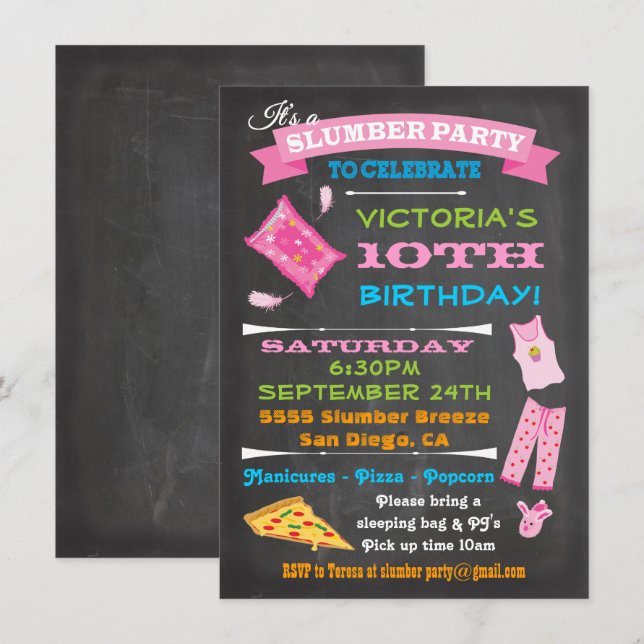 Chalkboard Sleepover Slumber Party Spa Birthday Invitation (Front/Back)