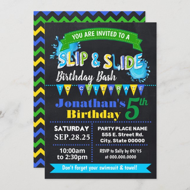Chalkboard Slip and slide birthday bash blue party Invitation (Front/Back)