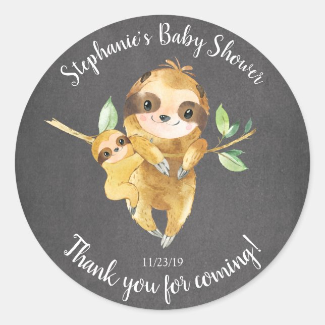 Chalkboard Sloth Baby Shower Favour Sticker (Front)