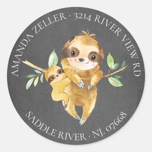 Chalkboard Sloth Baby Shower Return Address Label (Front)