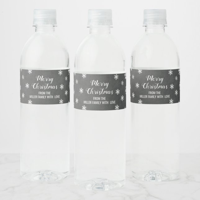 Chalkboard Snowflakes Custom Merry Christmas Water Bottle Label (Bottles)