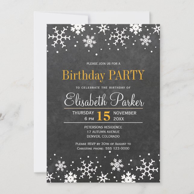 Chalkboard snowflakes rustic birthday party invitation (Front)