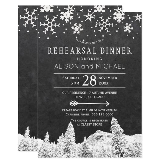 Chalkboard snowflakes winter rehearsal dinner card