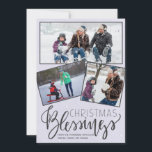 Chalkboard snowing Christmas blessings 3 photos Holiday Card<br><div class="desc">Family seasonal holiday greetings three framed photos card on a dark grey chalkboard like background with falling snow and "Christmas Blessings" typography script.        Easy to personalise with your photos and signature!</div>