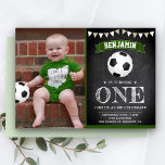Chalkboard Soccer 1st First Birthday Party Photo Invitation<br><div class="desc">Amaze your guests with this cool birthday party invite featuring a soccer ball with modern typography against a chalkboard background. Simply add your event details on this easy-to-use template and adorn this card with your child's favourite photo to make it a one-of-a-kind invitation. Flip the card over to reveal a...</div>