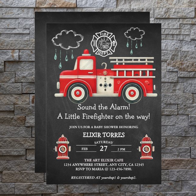 Chalkboard Sound the Alarm! Firetruck Baby Shower Invitation (Creator Uploaded)