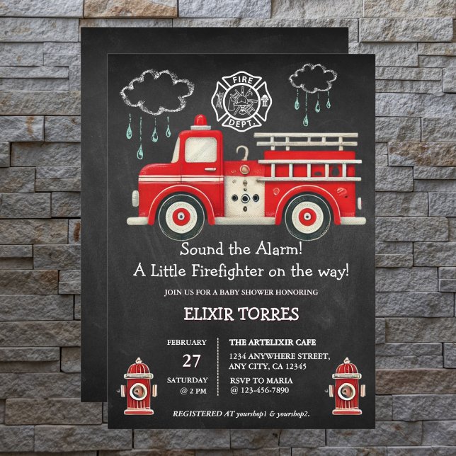 Chalkboard Sound the Alarm! Firetruck Baby Shower Invitation (Creator Uploaded)