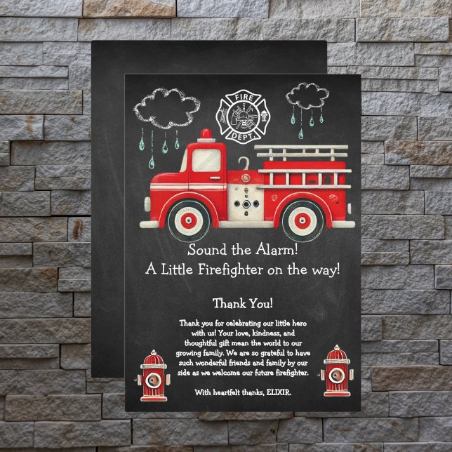 Chalkboard Sound the Alarm! Firetruck Baby Shower Thank You Card (Creator Uploaded)