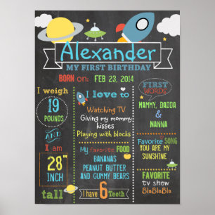 Chalkboard Space Party first birthday sign poster