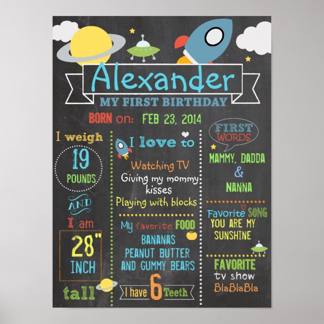 Chalkboard Space Party first birthday sign poster (Front)