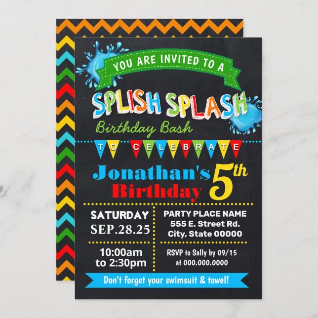 Chalkboard Splish splash birthday bash party Invitation (Front/Back)