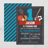 Chalkboard Sports 1st Birthday Party Invitation