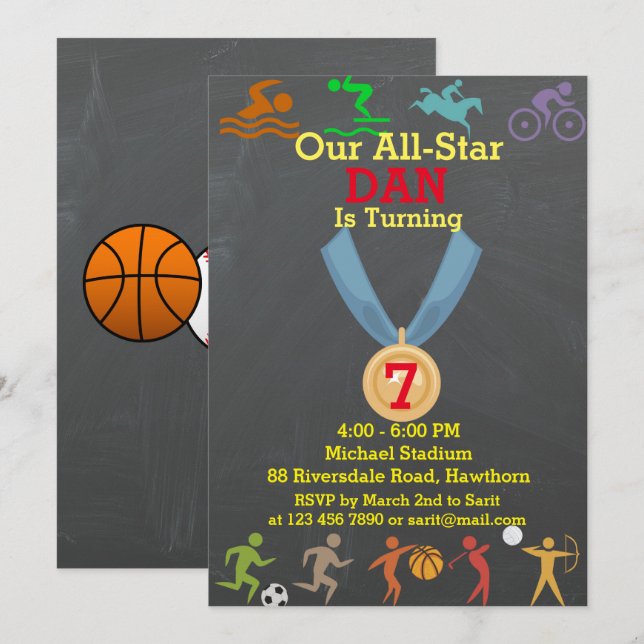 Chalkboard Sports Birthday Invitation (Front/Back)
