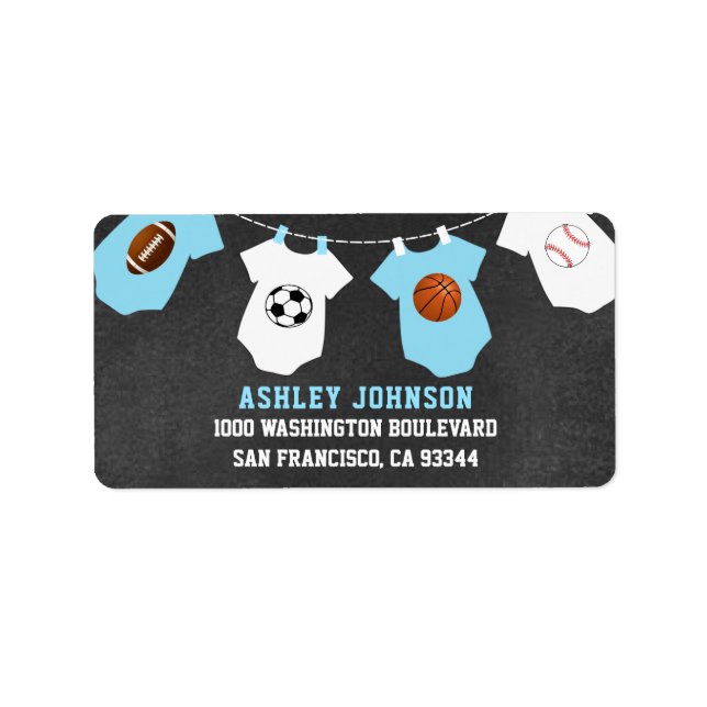 Chalkboard Sports Theme Blue Boy Baby Shower Label (Front)