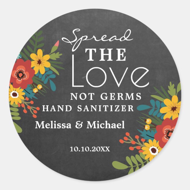 Chalkboard Spread Love Hand Sanitizer Wedding Classic Round Sticker (Front)