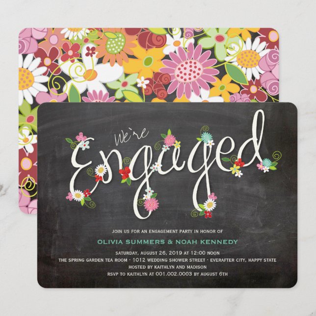 Chalkboard Spring Flowers Chic Engagement Party Invitation (Front/Back)