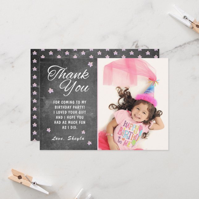Chalkboard Stars Kids Birthday Photo Thank you Card (Front/Back In Situ)