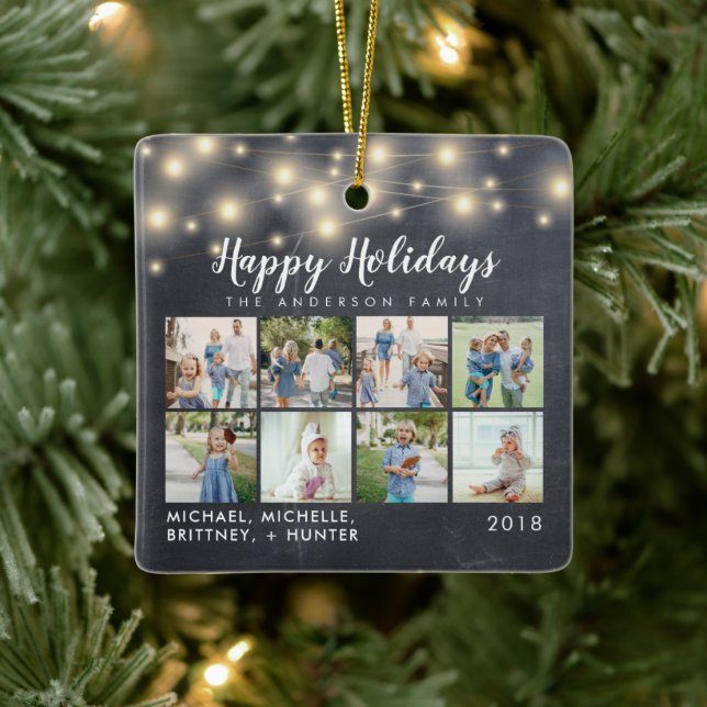 Chalkboard String Lights 8 Photo Holiday Ceramic Ornament (Tree)