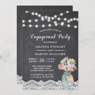 Chalkboard String Lights Floral Engagement Party Invitation