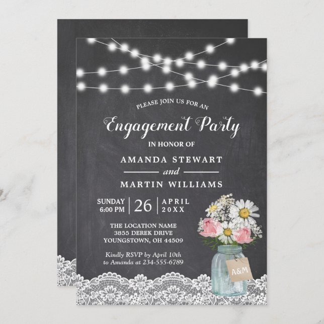 Chalkboard String Lights Floral Engagement Party Invitation (Front/Back)