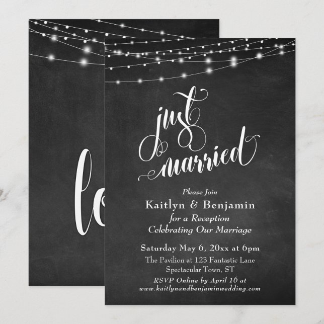Chalkboard String Lights Just Married Celebration Invitation (Front/Back)