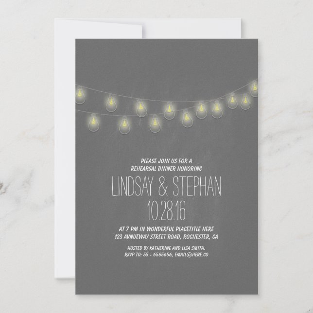 chalkboard string lights rehearsal dinner invites (Front)