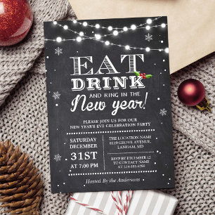 Chalkboard String Lights Ring in New Year's Party Invitation