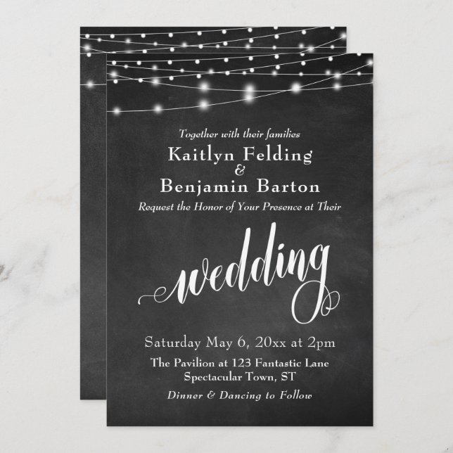 Chalkboard String Lights, Typography Wedding Invitation (Front/Back)