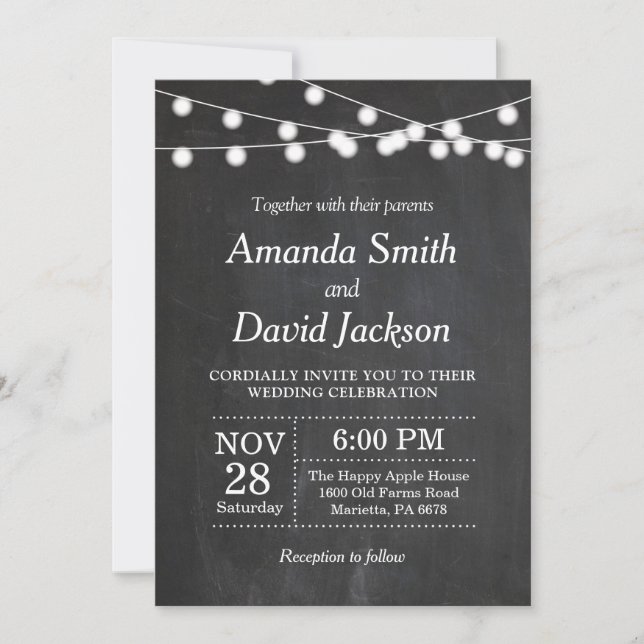 Chalkboard String Lights Wedding Invitation (Front)