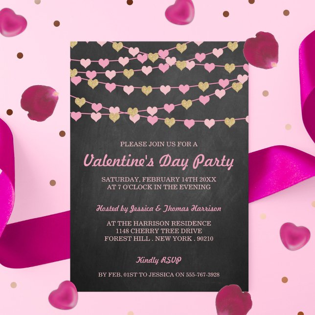 Chalkboard String Love Heart Valentine's Day Party Invitation (Creator Uploaded)