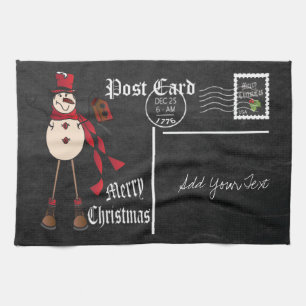 Chalkboard Style Red Snowman Postcard Design Tea Towel
