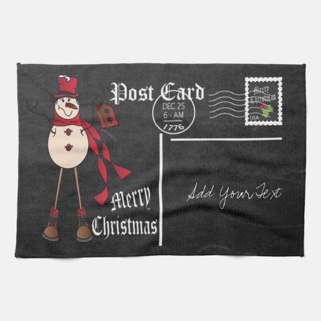 Chalkboard Style Red Snowman Postcard Design Tea Towel (Horizontal)