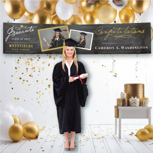 Chalkboard Stylish Script 2 Photo Graduation Party Banner