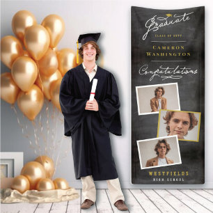 Chalkboard Stylish Script 3 Photo Graduation Party Banner
