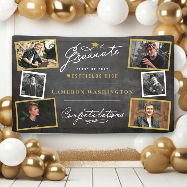 Chalkboard Stylish Script 6 Photo Graduation Party Banner (Chalkboard Stylish Graduate Script 10 Photo Graduation Party Banner @ www.zazzle.com/color_therapy)