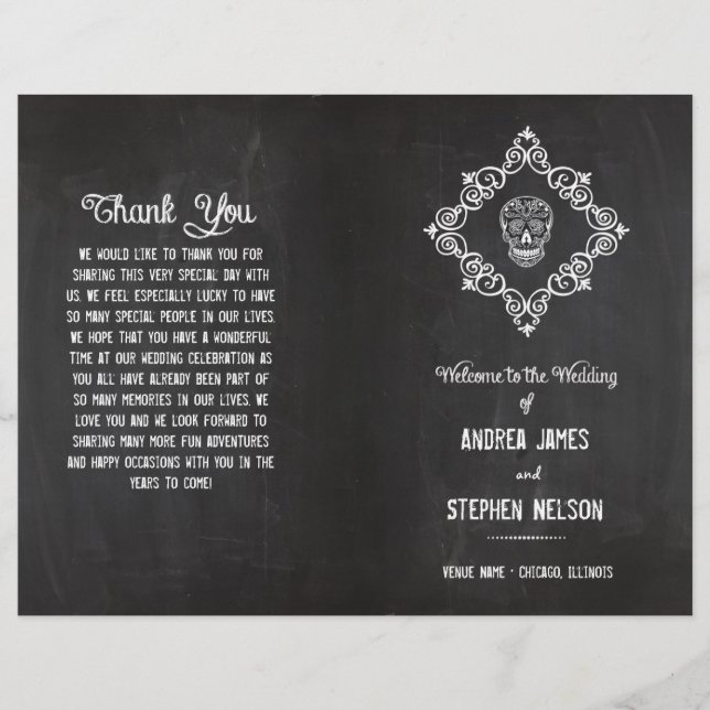 Chalkboard Sugar Skull Flourish Wedding Programs (Front)