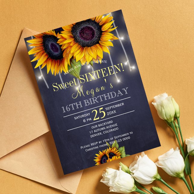 Chalkboard sunflowers chic rustic sweet sixteen invitation (Creator Uploaded)