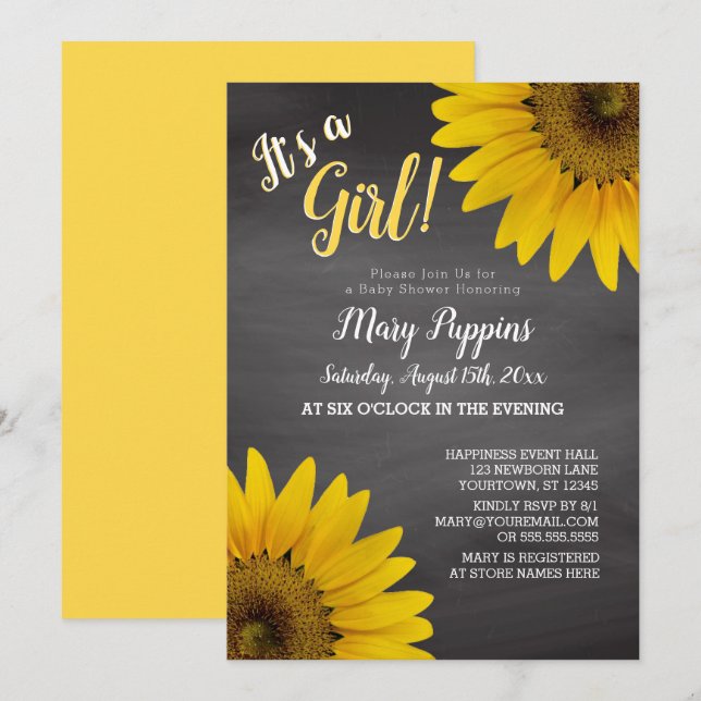 Chalkboard Sunflowers Garden Girl Baby Shower Invitation (Front/Back)