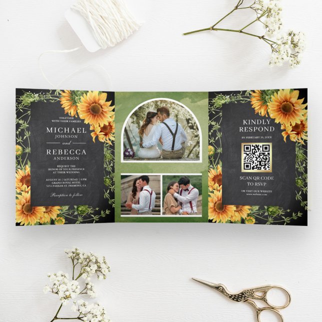 Chalkboard Sunflowers Photo Arch QR Code Wedding Tri-Fold Invitation (Creator Uploaded)
