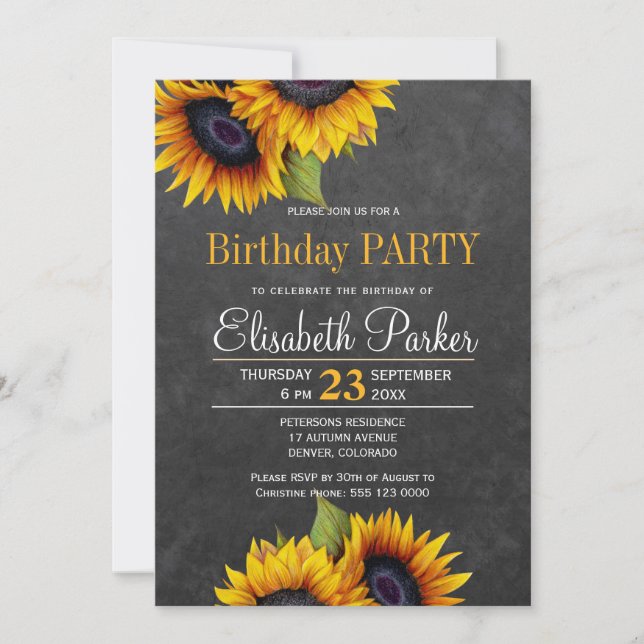 Chalkboard sunflowers rustic birthday party invitation (Front)