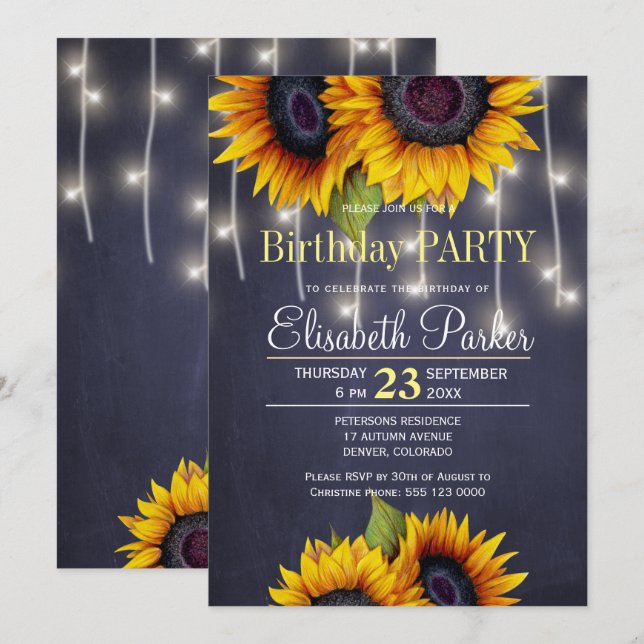 Chalkboard sunflowers rustic navy birthday party invitation (Front/Back)