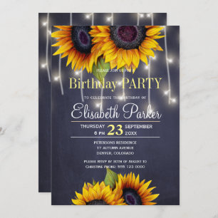 Chalkboard sunflowers rustic navy birthday party invitation