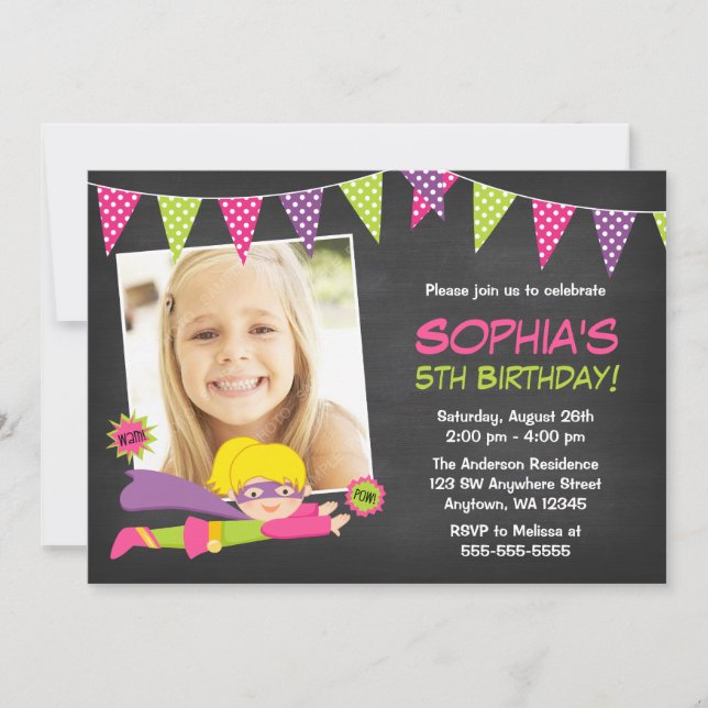 Chalkboard Superhero Girl Photo Birthday Party Invitation (Front)