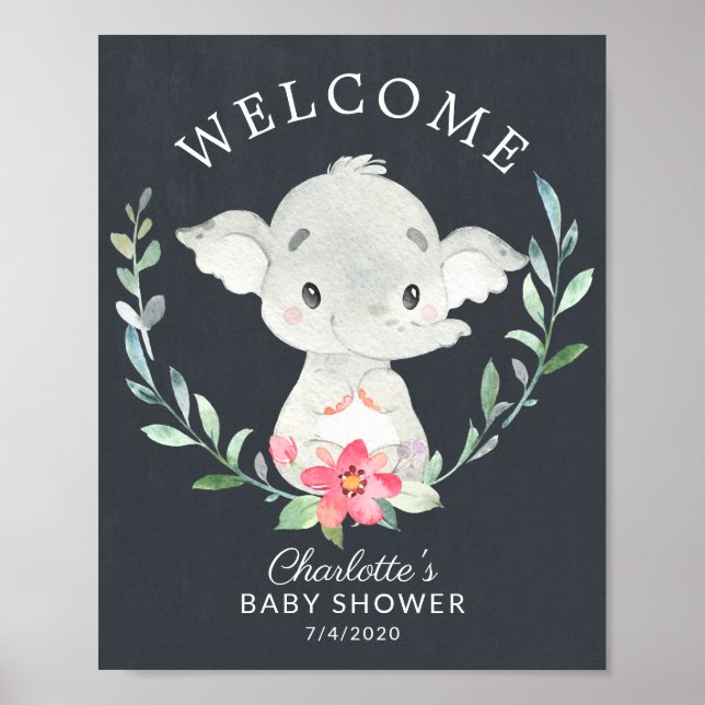 Chalkboard Sweet Elephant Welcome Baby Shower Poster (Front)