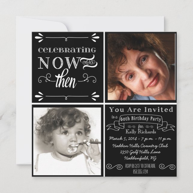 Chalkboard Swirls 60th Birthday Photo Invitation (Front)