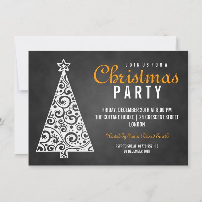 Chalkboard Swirly Christmas Tree Black Orange Invitation (Front)