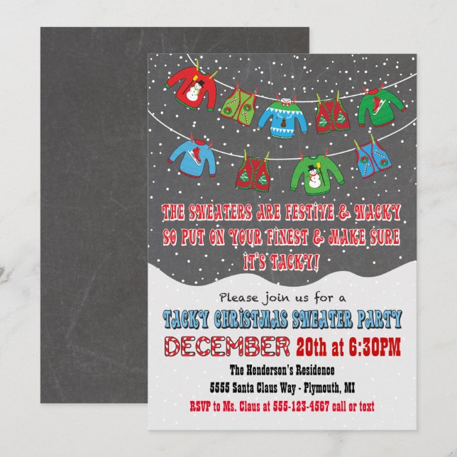Chalkboard Tacky Christmas Sweater Invitations (Front/Back)
