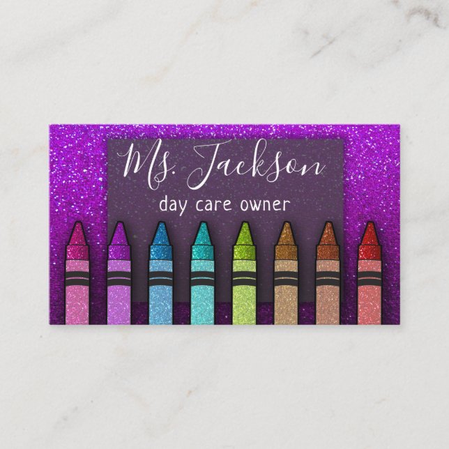Chalkboard Teacher's Name Rainbow Glitter Crayons Business Card (Front)